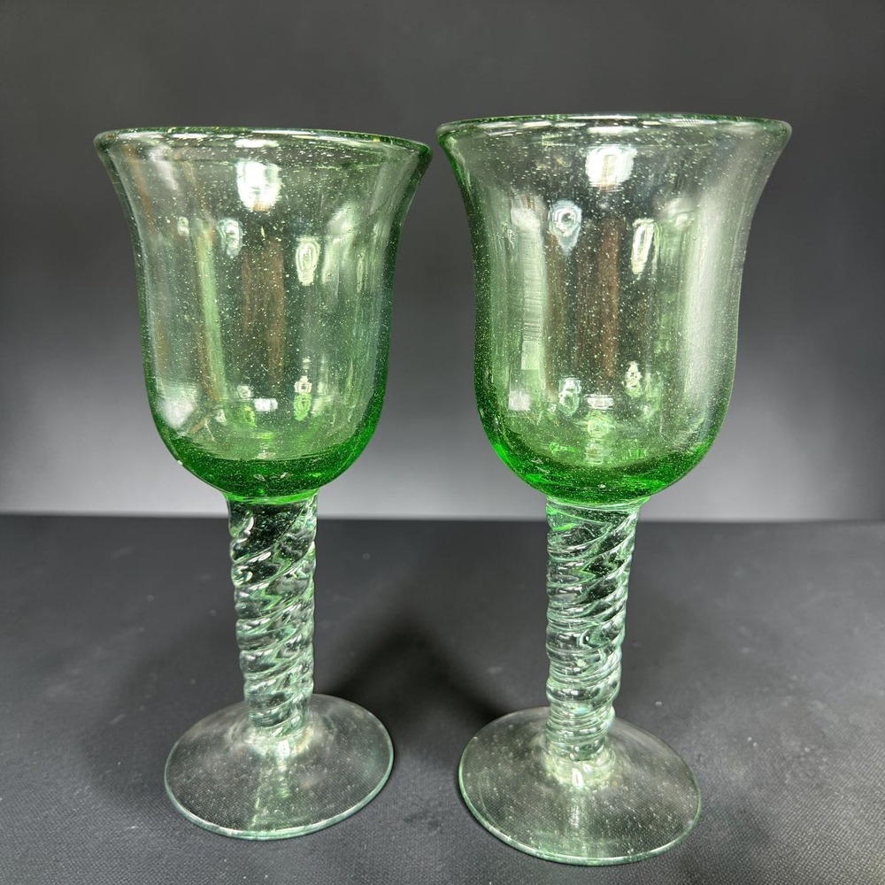 1980s Hand Blown Green Seeded Glass Wine Goblets Twisted Spiral Stem Set of 2